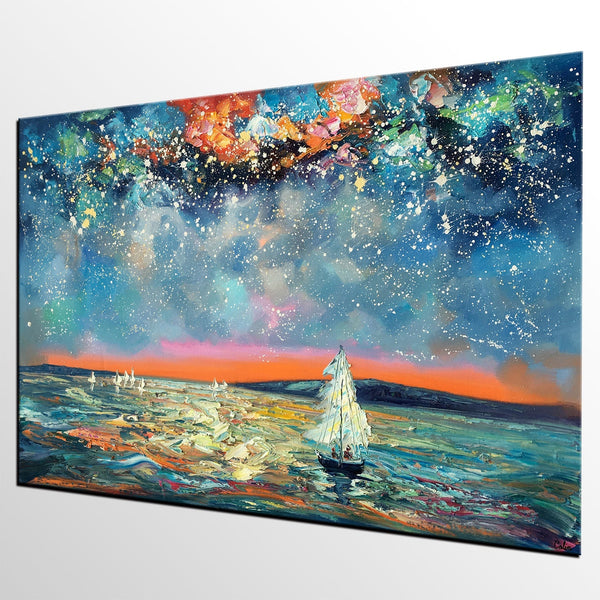Large Canvas Art Painting, Custom Large Oil Painting, Sail Boat under Starry Night Painting