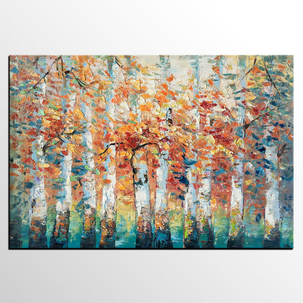 Birch Tree Landscape Painting, Custom Canvas Painting for Living Room, Heavy Texture Canvas Painting