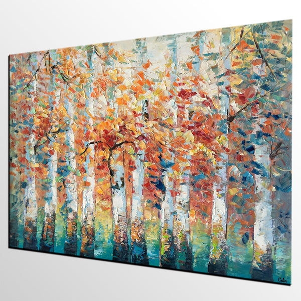 Birch Tree Landscape Painting, Custom Canvas Painting for Living Room, Heavy Texture Canvas Painting