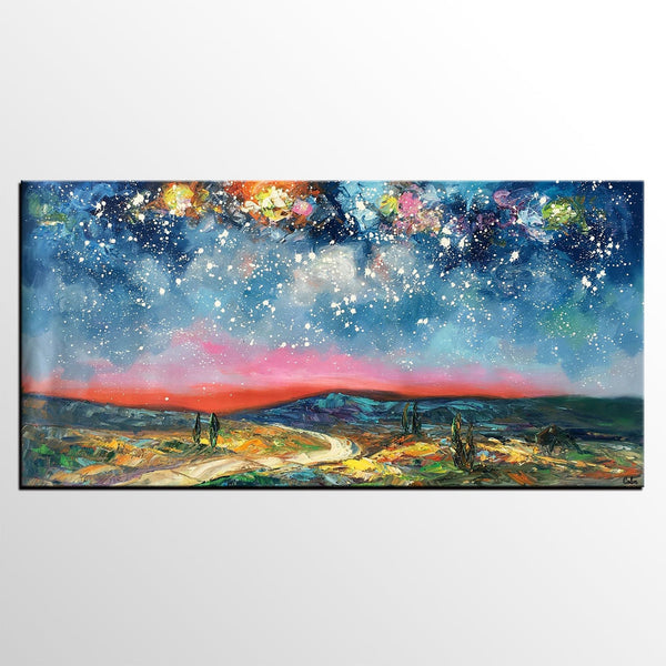 Custom Extra Large Painting, Starry Night Sky Painting, Original Landscape Painting, Canvas Painting for Dining Room