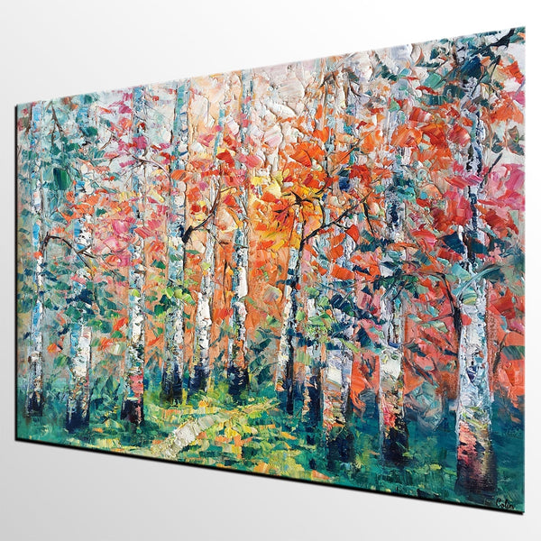 Abstract Landscape Painting, Custom Canvas Painting for Living Room, Heavy Texture Canvas Painting, Autumn Birch Tree