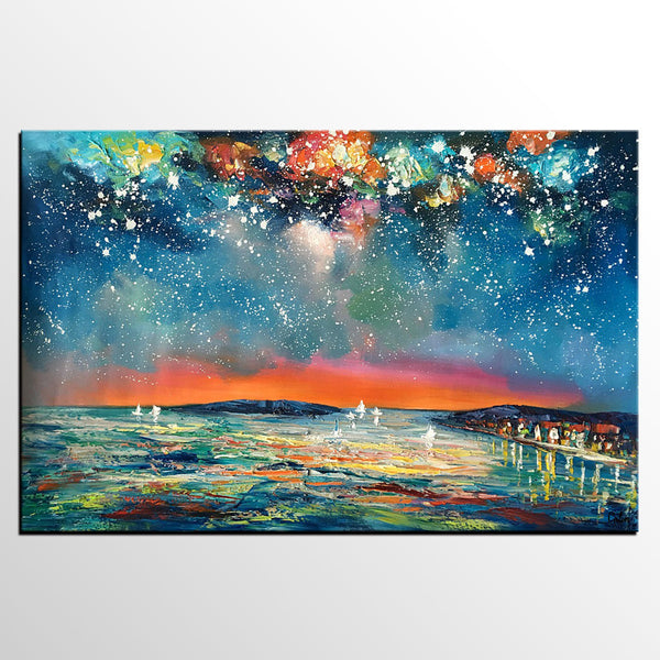 Buy Art Online, Abstract Art for Sale, Sail Boat under Starry Night Sky Painting, Custom Art