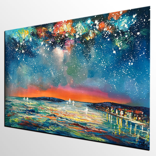 Buy Art Online, Abstract Art for Sale, Sail Boat under Starry Night Sky Painting, Custom Art