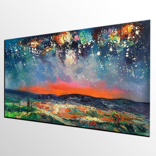 Canvas Painting for Dining Room, Custom Extra Large Painting, Starry Night Sky Painting, Original Landscape Painting