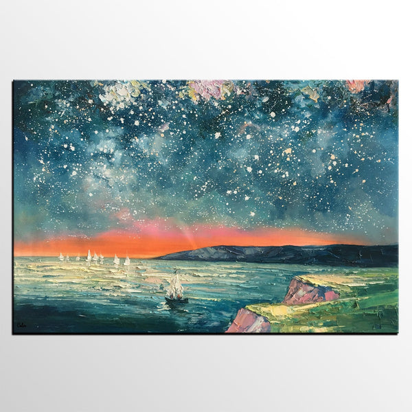 Heavy Texture Painting, Landscape Oil Painting, Starry Night Sky Painting, Custom Large Canvas Painting