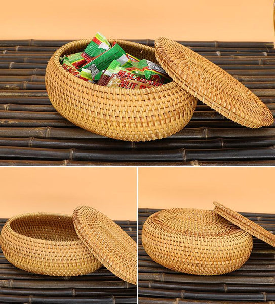 Storage Basket for Kitchen, Small Rattan Storage Basket, Round Storage Basket with Lid, Pantry Storage Ideas-ArtWorkCrafts.com