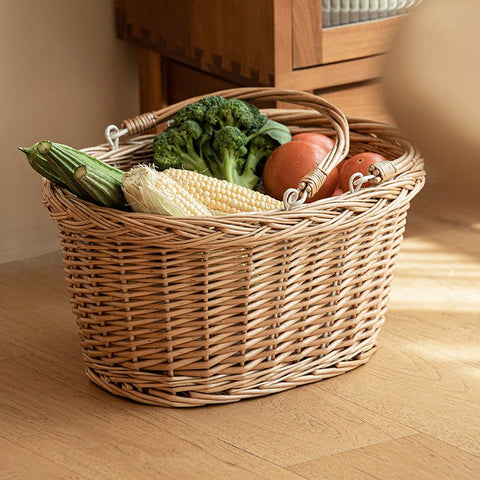 Kitchen Storage Baskets, Small Picnic Food Basket with Handle, Natural Hand-woven Wicker Storage Basket, Willow Weaving Baskets for Vegetable, Natural Fruit Basket-ArtWorkCrafts.com