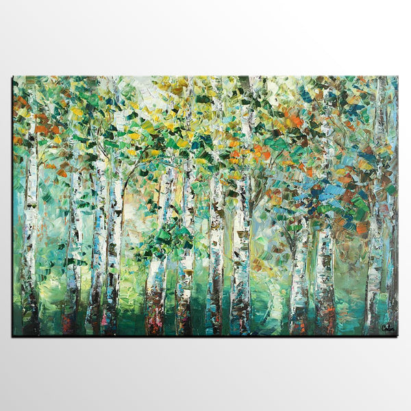 Heavy Texture Canvas Painting, Abstract Landscape Painting, Custom Canvas Painting, Autumn Birch Tree