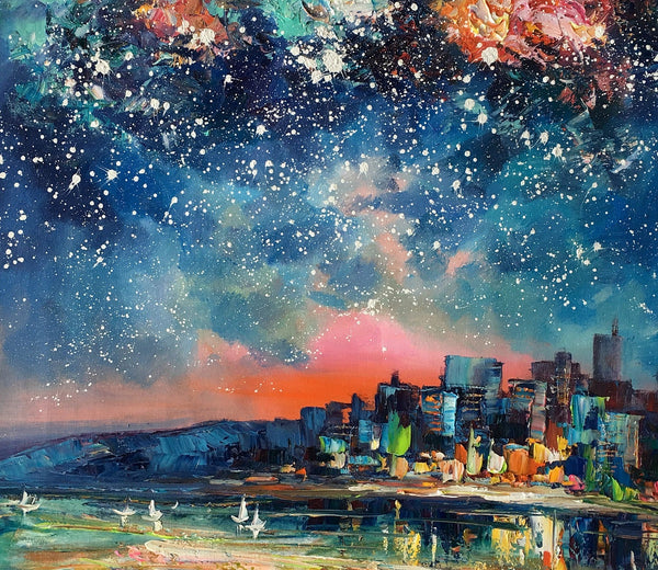 Abstract Oil Painting for Sale, Sail Boat under Starry Night Sky Painting, Custom Original Painting, Landscape Painting