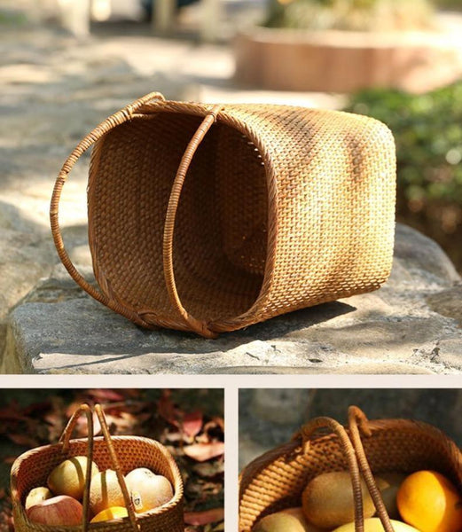 Woven Rattan Storage Basket with Handle, Storage Basket for Picnic, Fruit Storage Basket, Kitchen Storage Basekt-ArtWorkCrafts.com