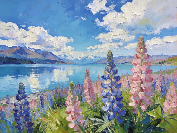 Stunning New Zealand Lake Landscape, Lupins in Bloom, Landscape Paintings on Canvas, Original Oil Paintings, Palette Knife Oil Paintings, Small Landscape Paintings, Hand Painted Canvas Artwork-ArtWorkCrafts.com