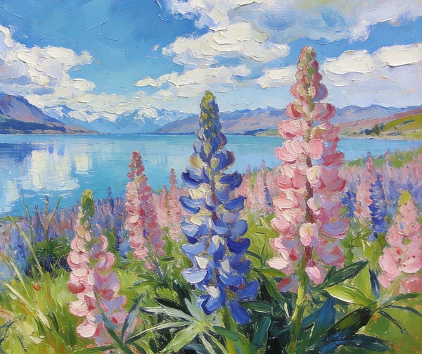 Stunning New Zealand Lake Landscape, Lupins in Bloom, Landscape Paintings on Canvas, Original Oil Paintings, Palette Knife Oil Paintings, Small Landscape Paintings, Hand Painted Canvas Artwork-ArtWorkCrafts.com