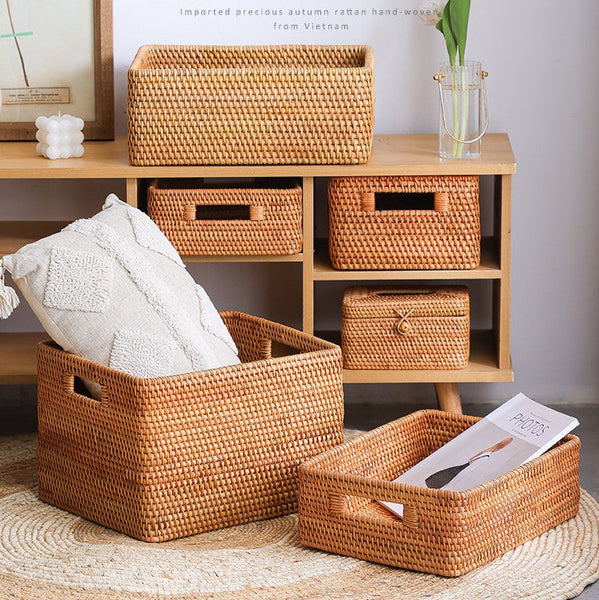Woven Rattan Storage Baskets for Bedroom, Storage Basket for Shelves, Large Rectangular Storage Baskets for Clothes, Storage Baskets for Kitchen-ArtWorkCrafts.com