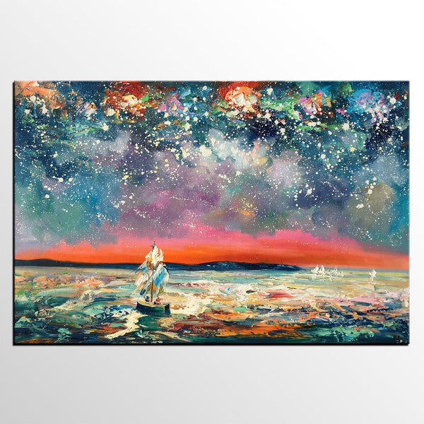Landscape Canvas Painting, Sail Boat under Starry Night Sky, Canvas Painting for Sale, Custom Landscape Wall Art Paintings, Original Landscape Painting