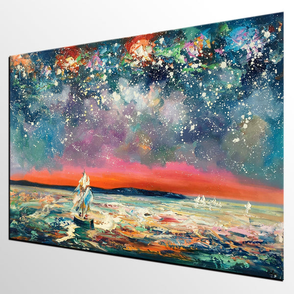 Landscape Canvas Painting, Sail Boat under Starry Night Sky, Canvas Painting for Sale, Custom Landscape Wall Art Paintings, Original Landscape Painting