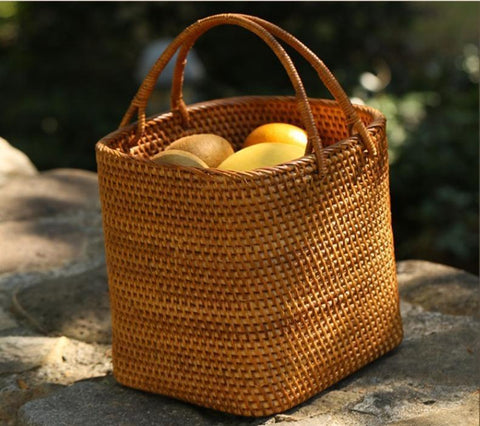 Woven Rattan Storage Basket with Handle, Storage Basket for Picnic, Fruit Storage Basket, Kitchen Storage Basekt-ArtWorkCrafts.com