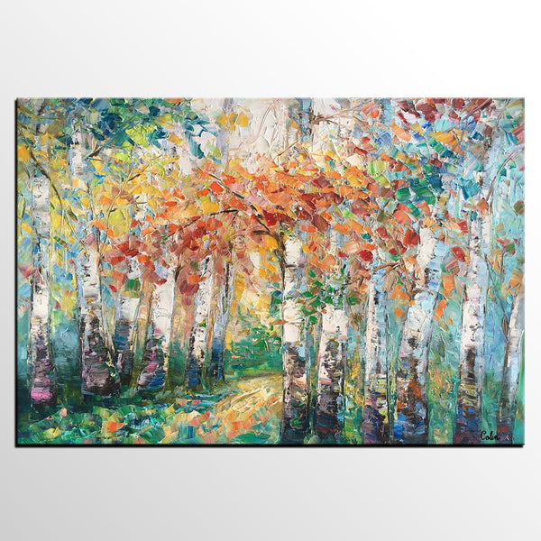 Autumn Birch Tree Painting, Heavy Texture Canvas Painting, Abstract Landscape Painting, Custom Canvas Painting for Dining Room