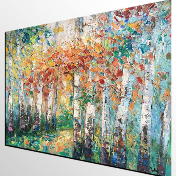Autumn Birch Tree Painting, Heavy Texture Canvas Painting, Abstract Landscape Painting, Custom Canvas Painting for Dining Room