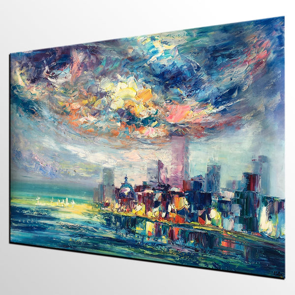 Cityscape Painting, Oil Painting on Canvas, Custom Landscape Canvas Painting, Heavy Texture Wall Art Paintings-ArtWorkCrafts.com