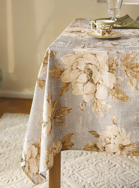 Peony Flower Tablecloth for Round Table, Beautiful Kitchen Table Cover, Linen Table Cover for Dining Room Table, Simple Modern Rectangle Tablecloth Ideas for Oval Table-ArtWorkCrafts.com