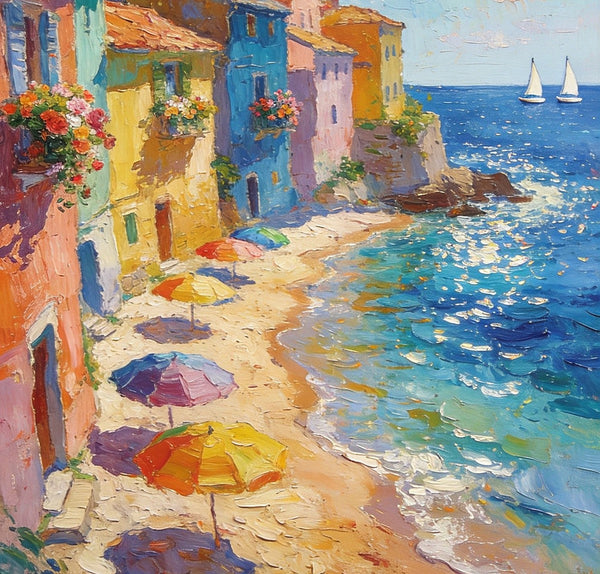 Coastal Township Landscape, Seashore Paintings, Original Wall Art Paintings, Small Oil Paintings, Hand Painted Canvas Wall Art, Heavy Texture Artwork, Canvas Paintings for Living Room-ArtWorkCrafts.com