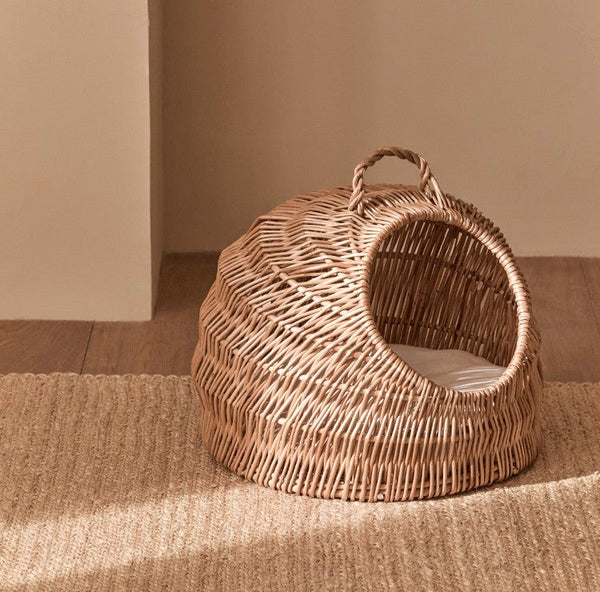 Indoor Cat Bed, Natural Wicker Cat House Basket with Washable Cushion for Indoor Cats and Dogs-ArtWorkCrafts.com