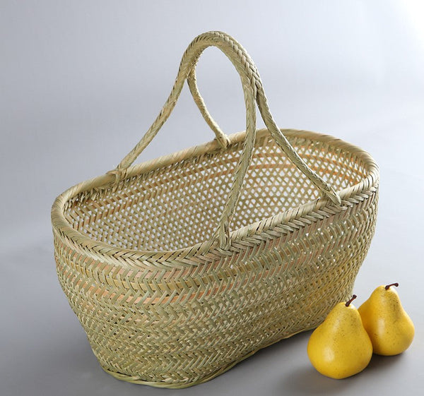 Natural Fruit Basket Kitchen Storage Baskets, Lovely Bamboo Baskets for Vegetable, Picnic Food Basket with Handle, Large Natural Hand-woven Bamboo Basket-ArtWorkCrafts.com