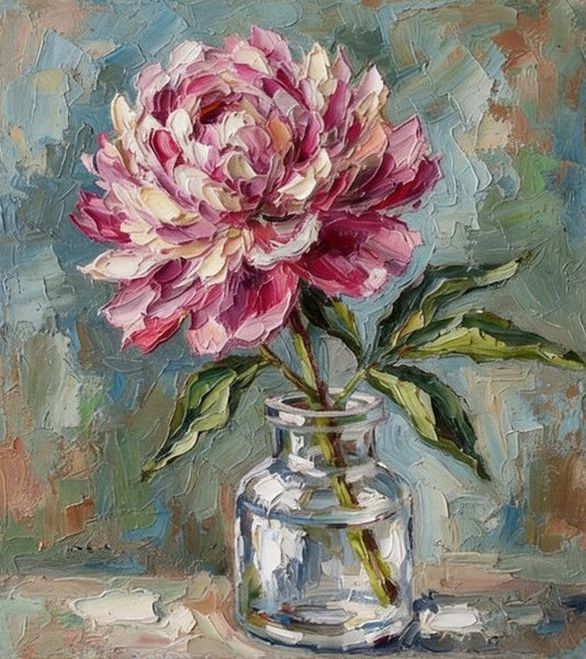 Hand Painted Canvas Art, Blooming Pink Peony in Glass Vase, Still Life Painting, Impasto Heavy Texutre Art, Small Canvas Artwork, Original Flower Paintings
