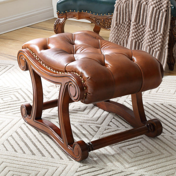 Vintage Leather Stool, Genuine Leather Solid Wood Entry Bench, Cherry Wood Footstool, Long Bench, Vanity Stool, Dressing Table Stool-ArtWorkCrafts.com