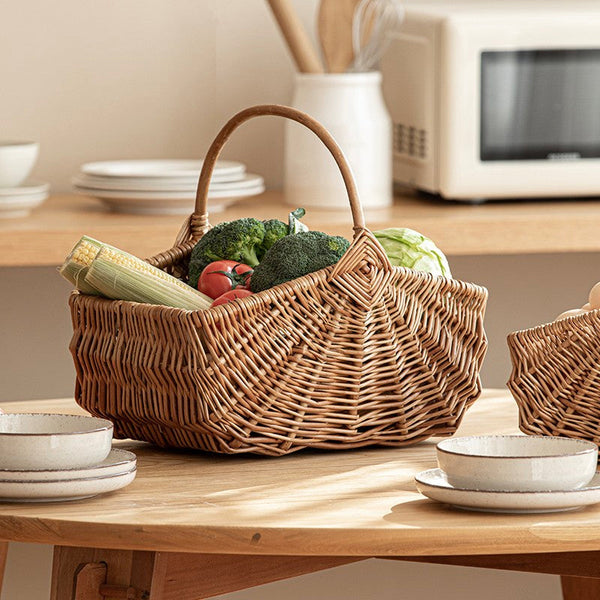 Large Picnic Food Basket with Handle, Natural Hand-woven Wicker Storage Basket, Lovely Willow Weaving Baskets for Vegetable, Natural Fruit Basket, Kitchen Storage Baskets-ArtWorkCrafts.com