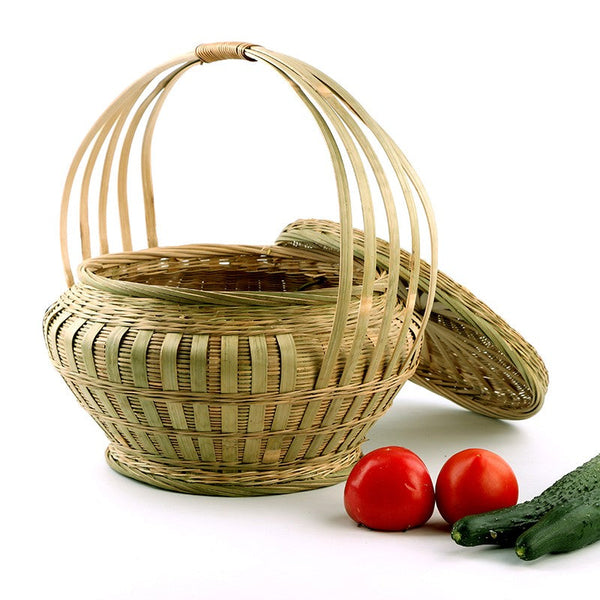 Picnic Food Basket with Handle, Large Natural Hand-woven Bamboo Basket, Natural Fruit Basket Lovely Bamboo Baskets for Vegetable, Kitchen Storage Baskets-ArtWorkCrafts.com