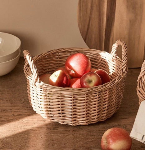 Picnic Fruit Basket with Handle, Kitchen Storage Baskets, Natural Hand-woven Wicker Round Storage Basket, Lovely Willow Weaving Baskets for Vegetable, Natural Fruit Storage Basket-ArtWorkCrafts.com
