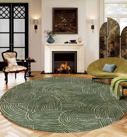 Green Contemporary Modern Rugs, Geometric Round Rugs for Dining Room, Mid Century Round Modern Rugs under Chairs, Bedroom Abstract Modern Area Rugs