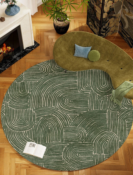 Green Contemporary Modern Rugs, Geometric Round Rugs for Dining Room, Mid Century Round Modern Rugs under Chairs, Bedroom Abstract Modern Area Rugs-ArtWorkCrafts.com