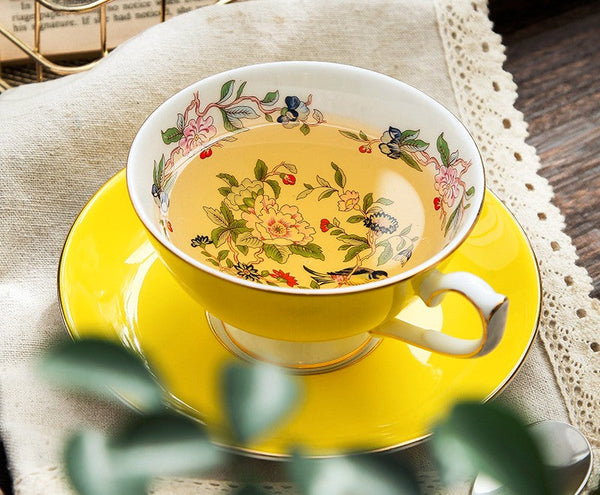 Elegant Yellow Ceramic Cups, Unique Royal Coffee Cup and Saucer, Beautiful British Tea Cups, Creative Bone China Porcelain Tea Cup Set-ArtWorkCrafts.com