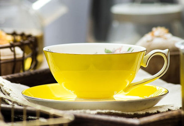 Elegant Yellow Ceramic Cups, Unique Royal Coffee Cup and Saucer, Beautiful British Tea Cups, Creative Bone China Porcelain Tea Cup Set-ArtWorkCrafts.com