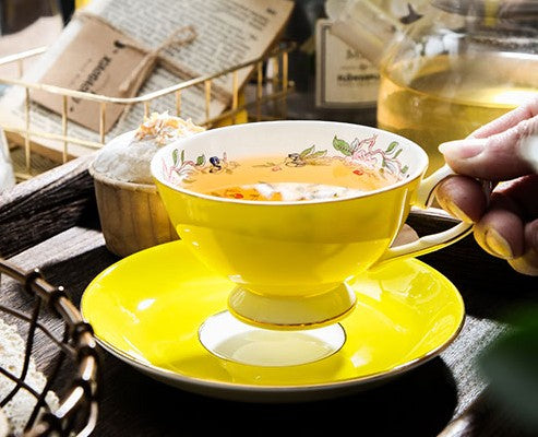 Elegant Yellow Ceramic Cups, Unique Royal Coffee Cup and Saucer, Beautiful British Tea Cups, Creative Bone China Porcelain Tea Cup Set-ArtWorkCrafts.com