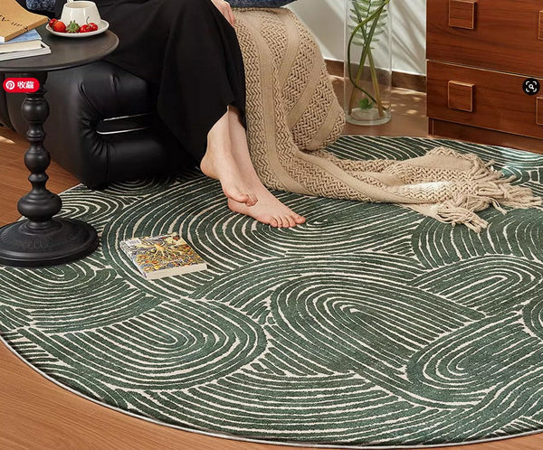 Green Contemporary Modern Rugs, Geometric Round Rugs for Dining Room, Mid Century Round Modern Rugs under Chairs, Bedroom Abstract Modern Area Rugs-ArtWorkCrafts.com