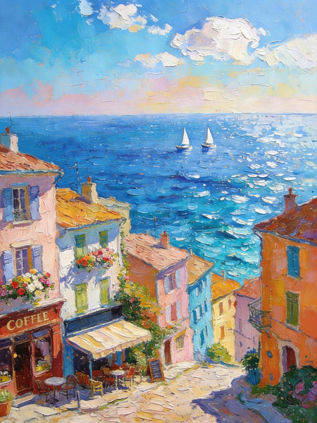 Canvas Paintings for Dining Room, Seaside Town Serene Moment, Seashore Paintings, Heavy Texture Artwork, Original Wall Art Paintings, Small Oil Paintings, Hand Painted Canvas Wall Art-ArtWorkCrafts.com