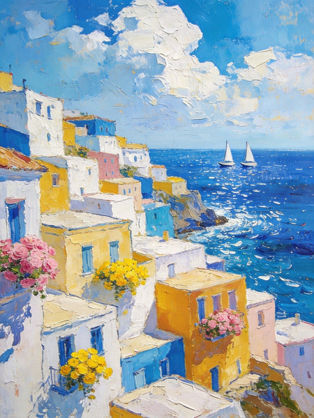 Coatal Village Serenity, Seashore Paintings, Original Artwork, Small Oil Paintings, Hand Painted Canvas Wall Art, Heavy Texture Artwork, Small Canvas Paintings-ArtWorkCrafts.com