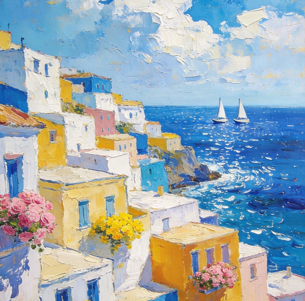 Coatal Village Serenity, Seashore Paintings, Original Artwork, Small Oil Paintings, Hand Painted Canvas Wall Art, Heavy Texture Artwork, Small Canvas Paintings-ArtWorkCrafts.com
