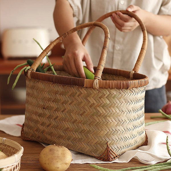 Storage Basket with Handle, Large Kitchen Storage Baskets, Natural Hand-woven Bamboo Storage Basket, Lovely Bamboo Weaving Baskets for Vegetable, Picnic Fruit Storage Baskets-ArtWorkCrafts.com
