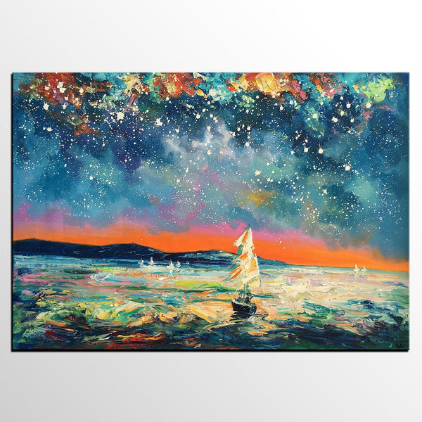 Modern Abstract Art, Oil Painting, Starry Night Sky, Landscape Painting, Bedroom Wall Art