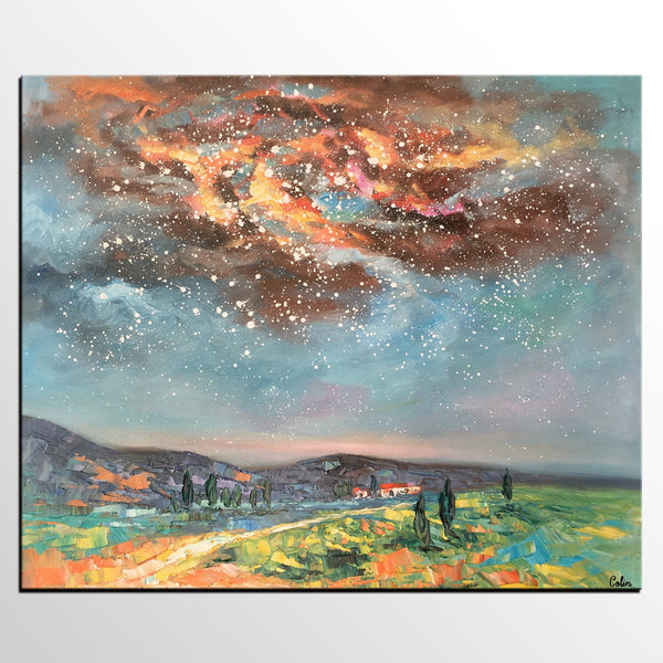 Landscape Oil Painting, Starry Night Sky Painting, Heavy Texture Painting, Custom Abstract Painting