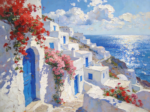 Bougainvillea's Aegean Embrace, Hand Painted Canvas Art, Small Landscape Paintings, Landscape Wall Art for Dining Room, Original Oil Paintings-ArtWorkCrafts.com