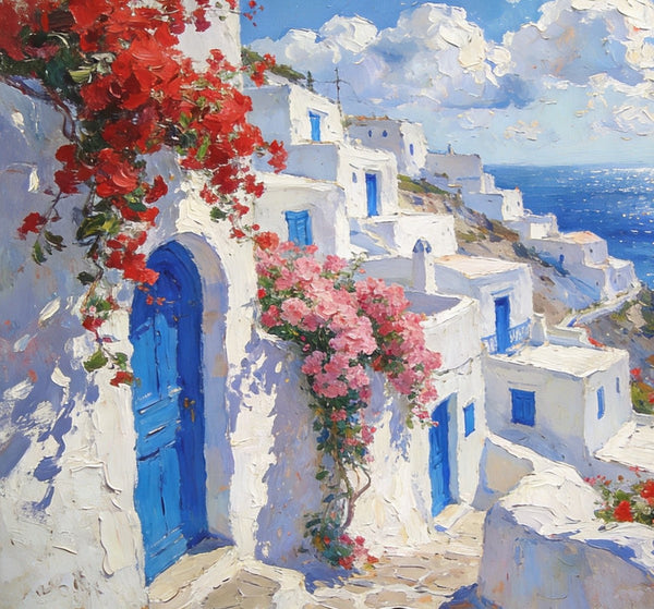 Bougainvillea's Aegean Embrace, Hand Painted Canvas Art, Small Landscape Paintings, Landscape Wall Art for Dining Room, Original Oil Paintings-ArtWorkCrafts.com
