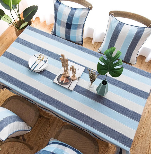 Blue Stripe Rectangular Tablecloth for Oval Table, Cotton and Linen Tablecloths, Rectangular Table Covers for Coffee Table, Modern Table Cloths for Dining Room-ArtWorkCrafts.com