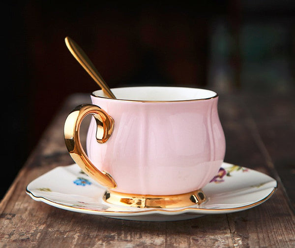 Unique Coffee Cup and Saucer in Gift Box as Birthday Gift, Elegant Pink Ceramic Cups, Beautiful British Tea Cups, Creative Bone China Porcelain Tea Cup Set-ArtWorkCrafts.com