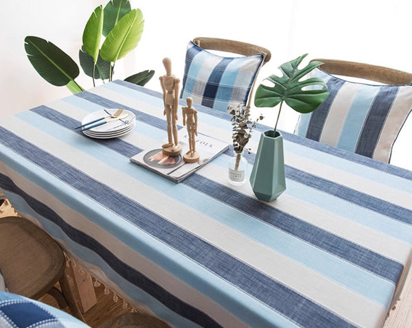 Blue Stripe Rectangular Tablecloth for Oval Table, Cotton and Linen Tablecloths, Rectangular Table Covers for Coffee Table, Modern Table Cloths for Dining Room-ArtWorkCrafts.com