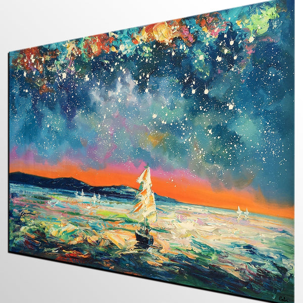 Modern Abstract Art, Oil Painting, Starry Night Sky, Landscape Painting, Bedroom Wall Art-ArtWorkCrafts.com